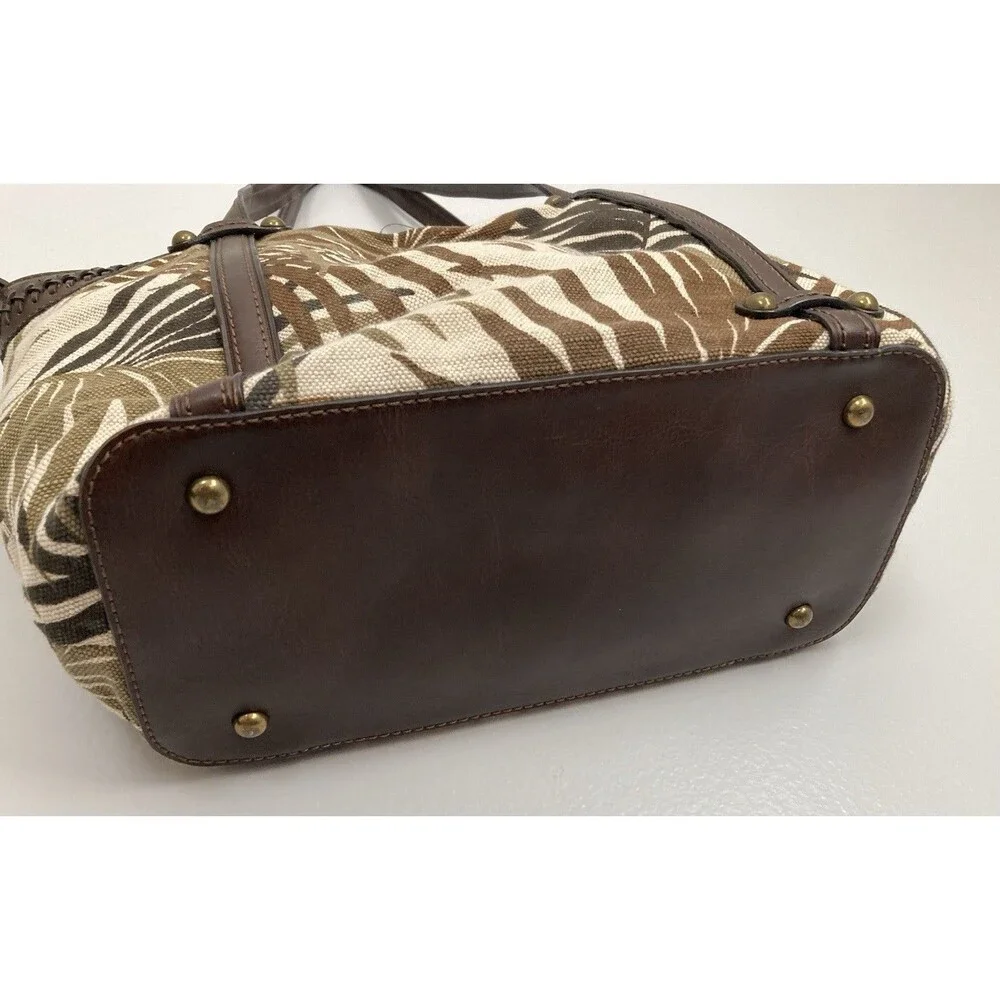 Fossil Palm Print Satchel Tote Leather Canvas Brown Excellent